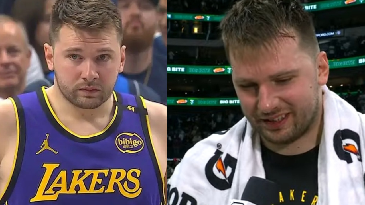 Luka Dončić wiping tears after emotional Mavs tribute before 45-point game against Dallas